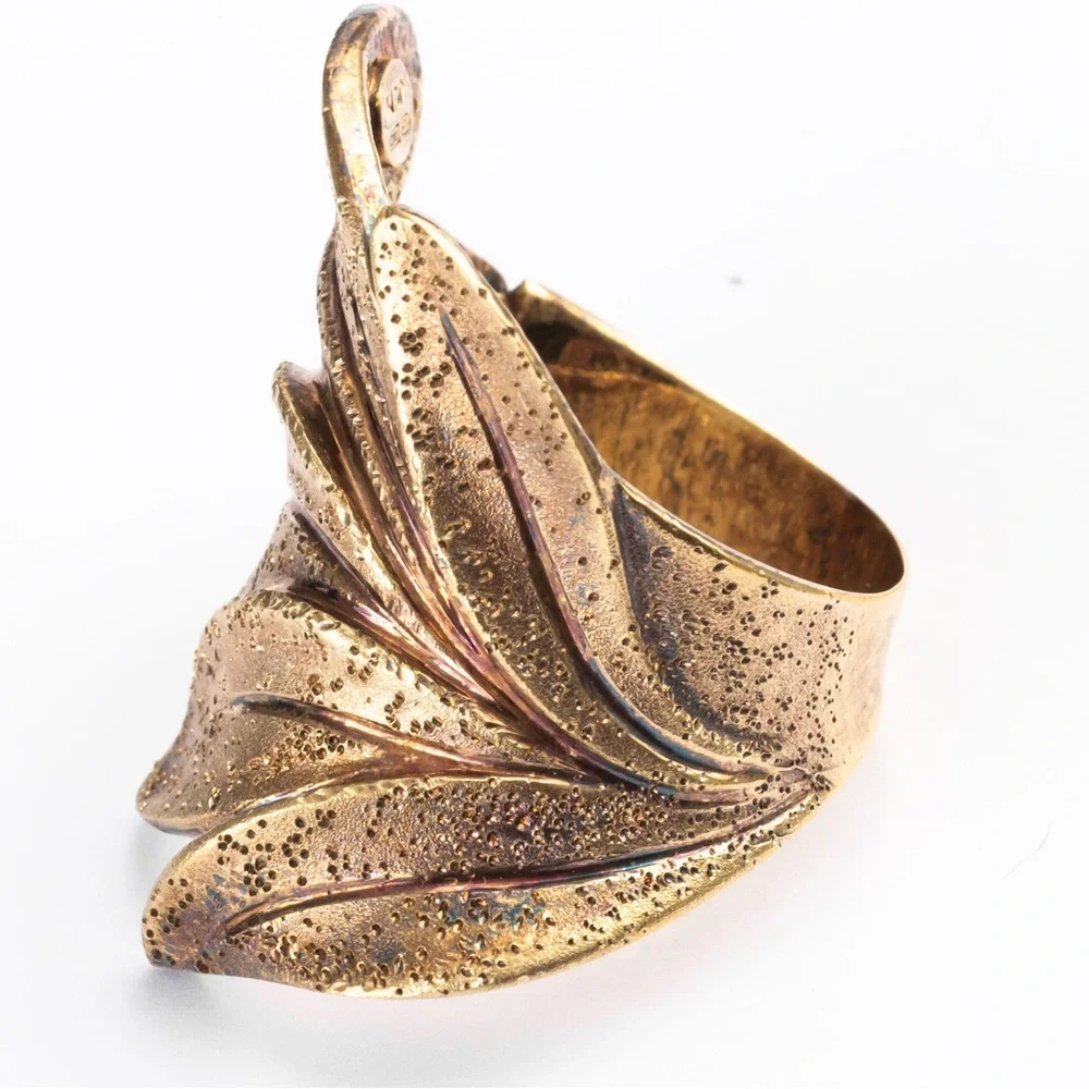 18K yellow gold over sterling silver textured leaf wrap ring 10